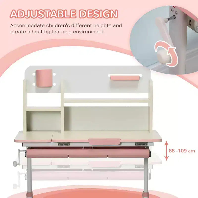 TUYOHW Wooden Kids Desk,Childrens Writing Desk with Height Adjustable & Tilt Desktop,Storage Shelf & Drawer,Student School Table for Ages 3-12