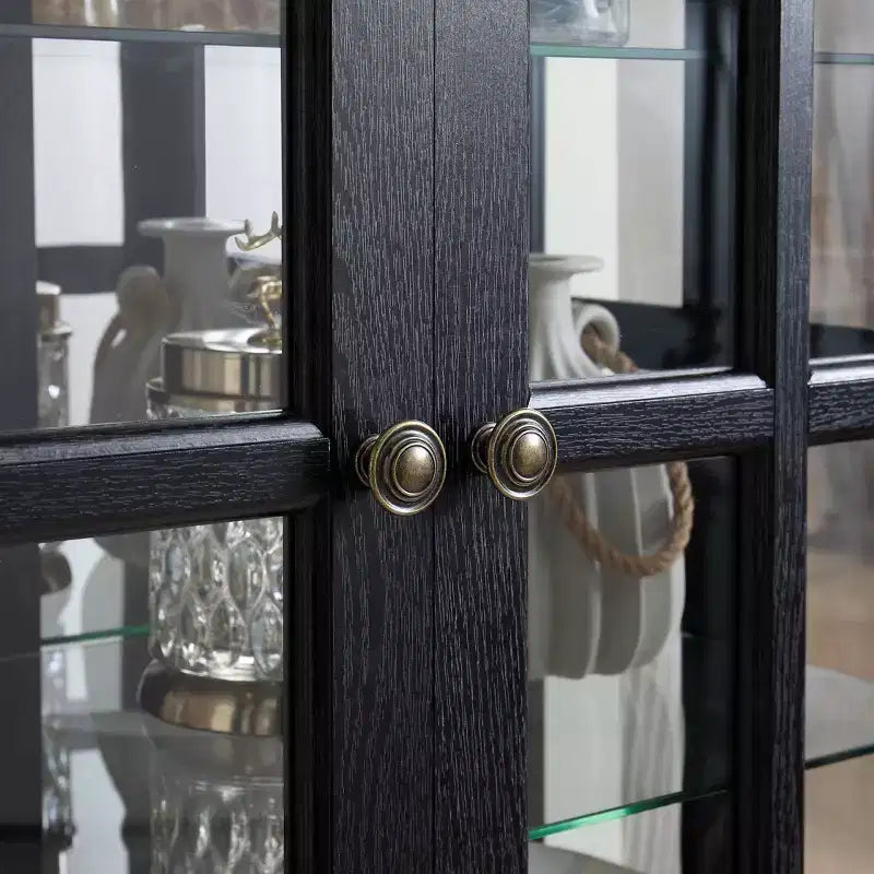 69" Antique Curio Bookshelf - Black MDF+Glass, 4 Doors, Adjustable Shelves, E26 Bulb
