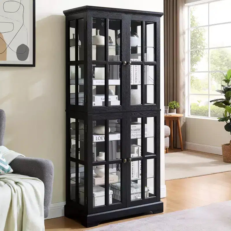 69" Antique Curio Bookshelf - Black MDF+Glass, 4 Doors, Adjustable Shelves, E26 Bulb