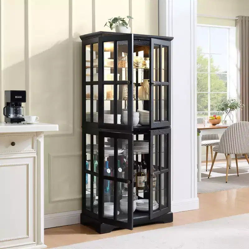 69" Antique Curio Bookshelf - Black MDF+Glass, 4 Doors, Adjustable Shelves, E26 Bulb