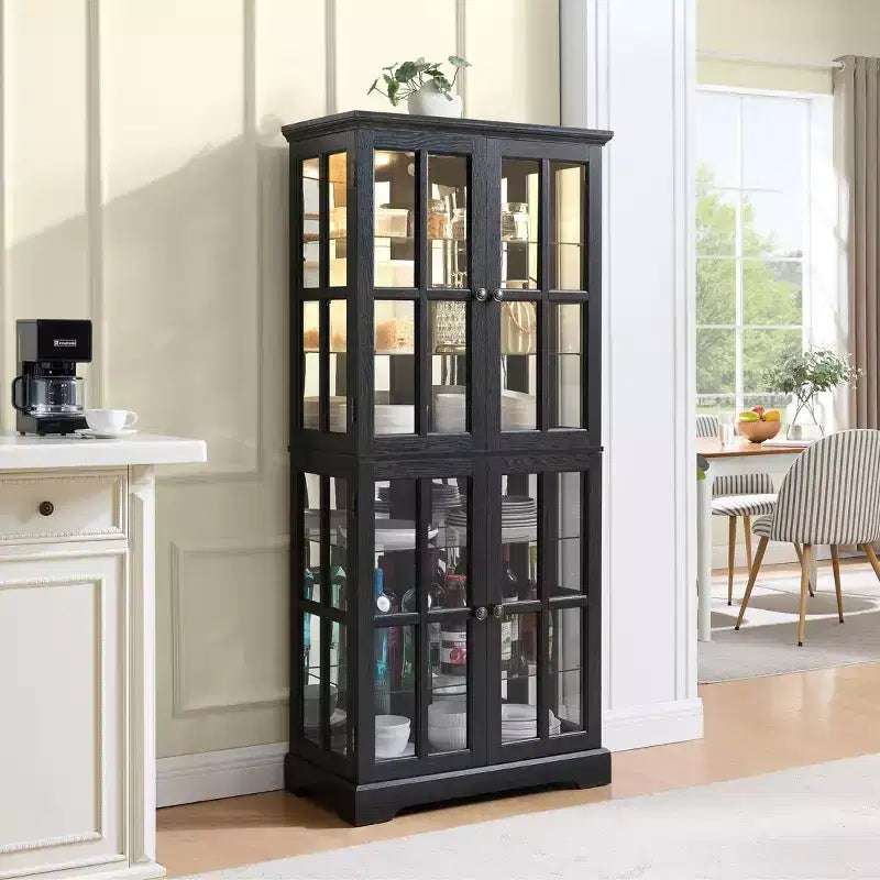 69" Antique Curio Bookshelf - Black MDF+Glass, 4 Doors, Adjustable Shelves, E26 Bulb