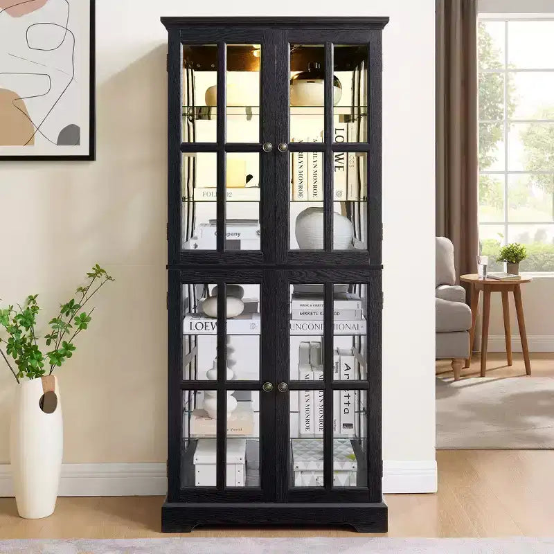 69" Antique Curio Bookshelf - Black MDF+Glass, 4 Doors, Adjustable Shelves, E26 Bulb