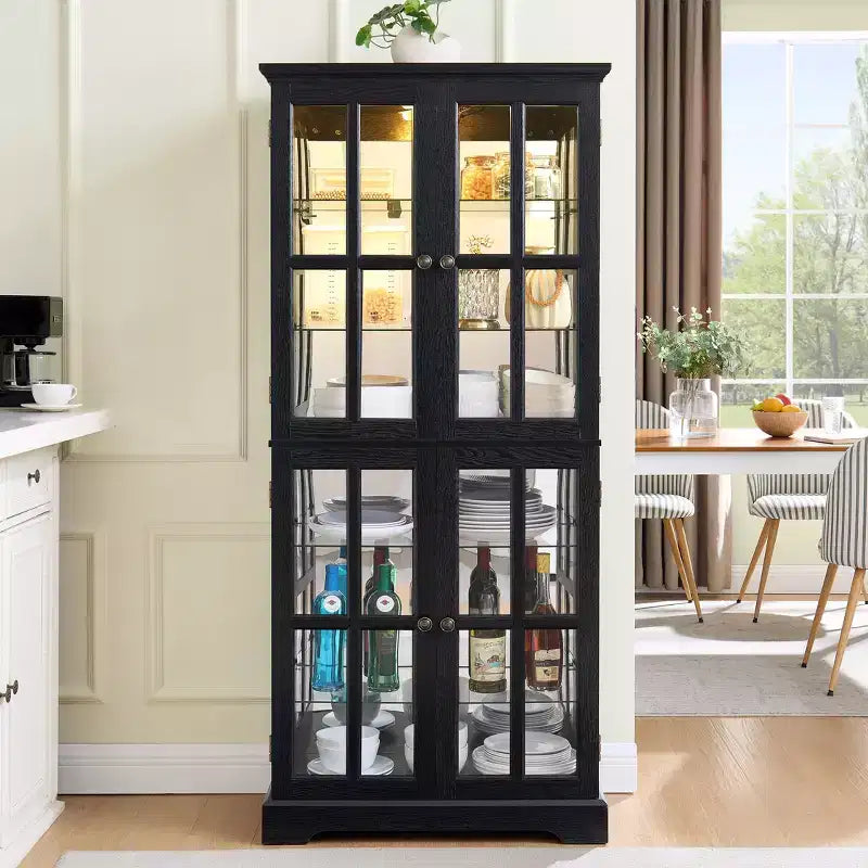 69" Antique Curio Bookshelf - Black MDF+Glass, 4 Doors, Adjustable Shelves, E26 Bulb