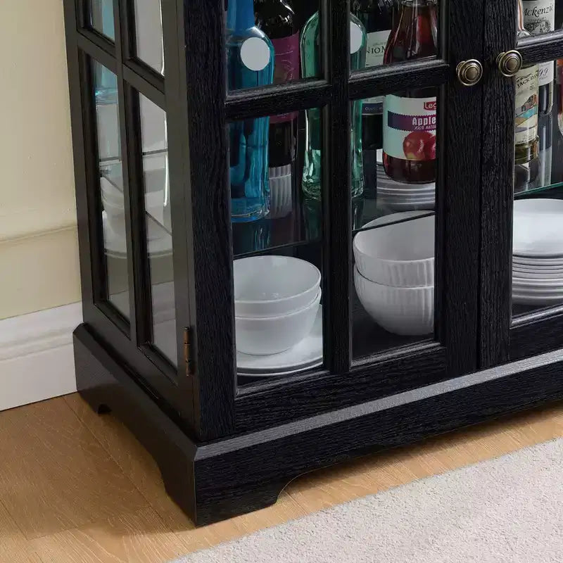 69" Antique Curio Bookshelf - Black MDF+Glass, 4 Doors, Adjustable Shelves, E26 Bulb