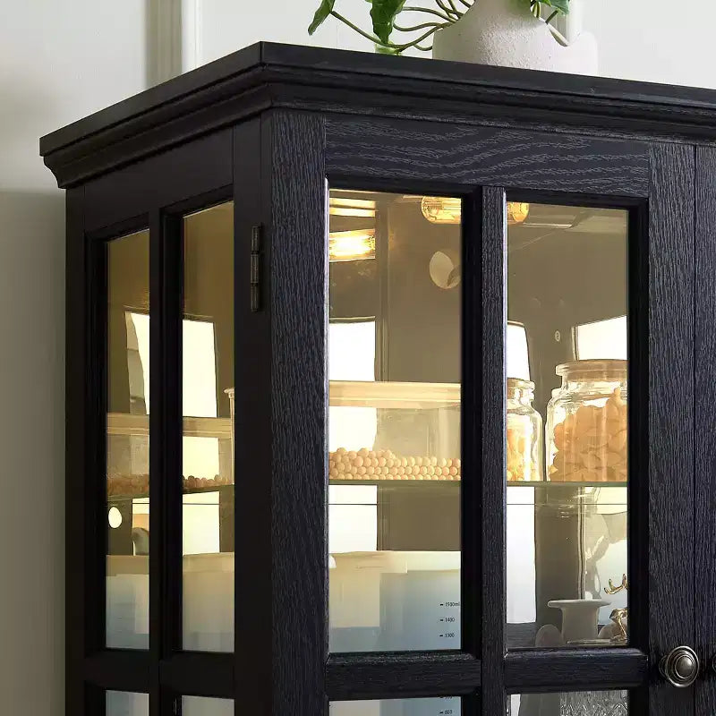 69" Antique Curio Bookshelf - Black MDF+Glass, 4 Doors, Adjustable Shelves, E26 Bulb