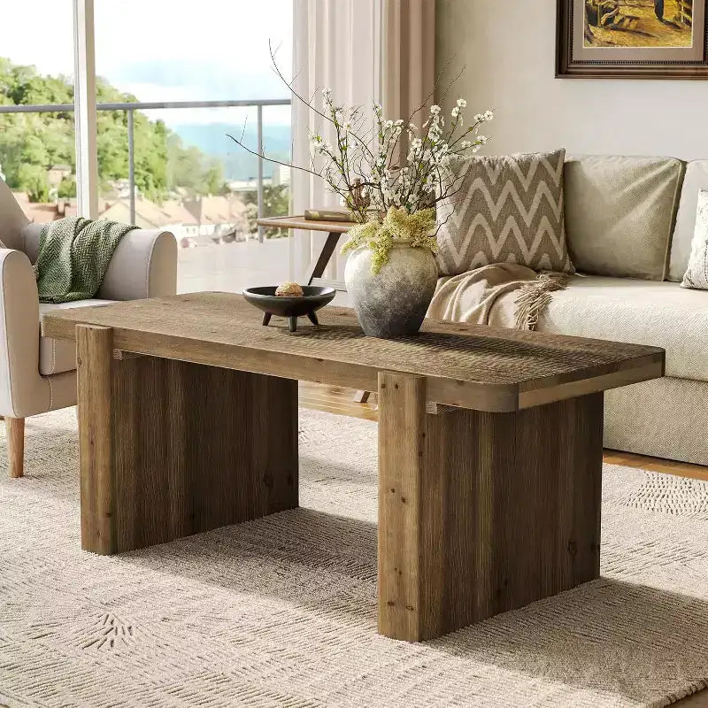 47-Inch Solid Wood Farmhouse Coffee Table with Heavy-Duty Legs, Low Cocktail Tea Table for Living Room, Easy Assembly