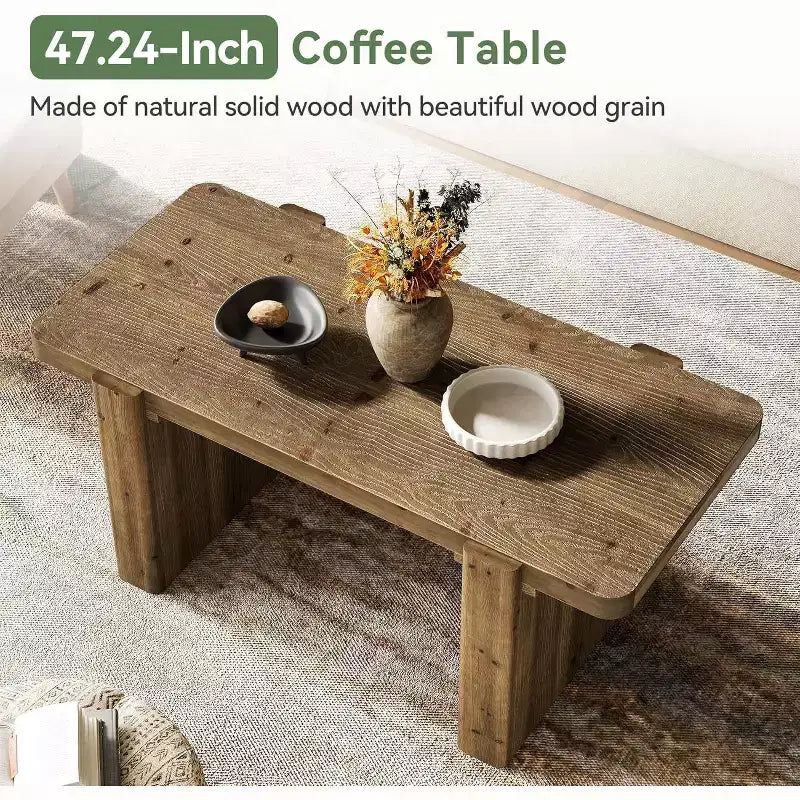 47-Inch Solid Wood Farmhouse Coffee Table with Heavy-Duty Legs, Low Cocktail Tea Table for Living Room, Easy Assembly