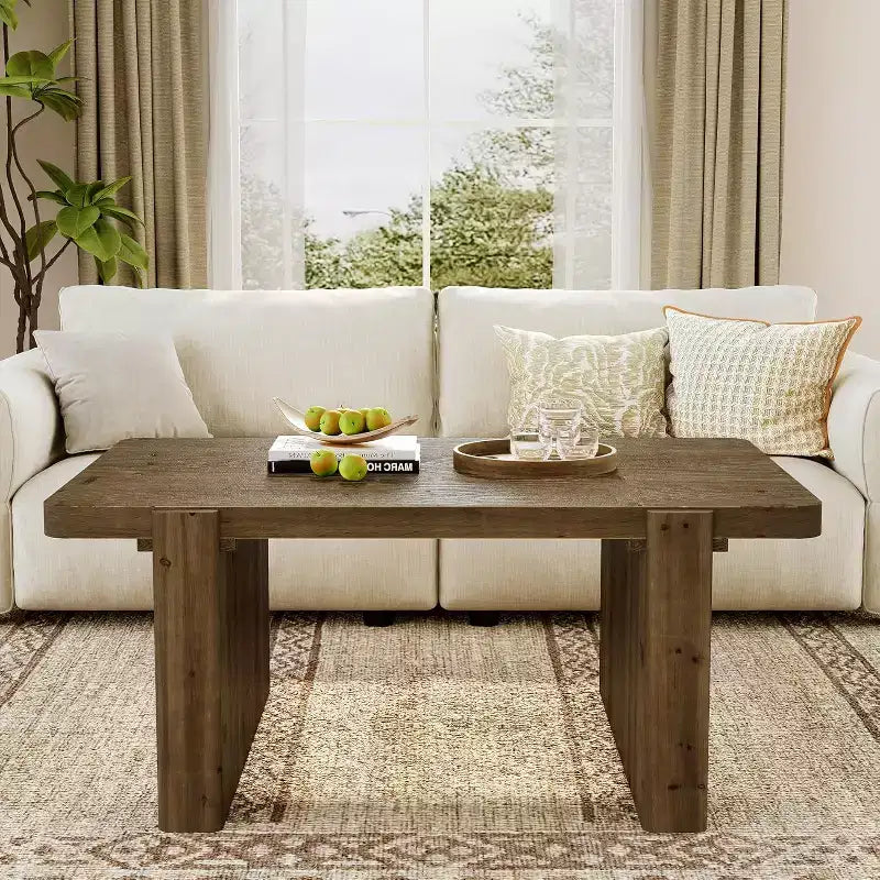 47-Inch Solid Wood Farmhouse Coffee Table with Heavy-Duty Legs, Low Cocktail Tea Table for Living Room, Easy Assembly