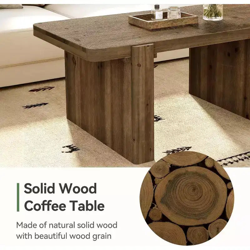47-Inch Solid Wood Farmhouse Coffee Table with Heavy-Duty Legs, Low Cocktail Tea Table for Living Room, Easy Assembly