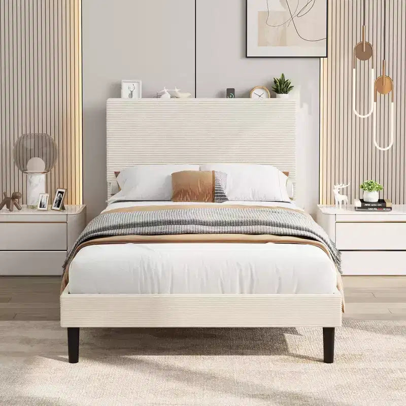 Twin Size Bed Frame with USB Charging Station, Corduroy Upholstered Platform Bed Frame with Adjustable Storage Headboard, Wooden Slats Support