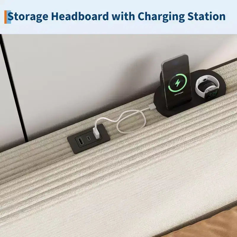 Twin Size Bed Frame with USB Charging Station, Corduroy Upholstered Platform Bed Frame with Adjustable Storage Headboard, Wooden Slats Support