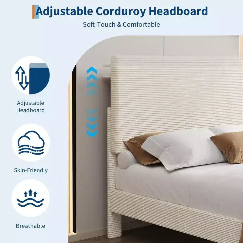Twin Size Bed Frame with USB Charging Station, Corduroy Upholstered Platform Bed Frame with Adjustable Storage Headboard, Wooden Slats Support