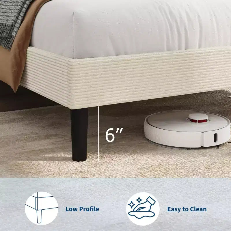 Twin Size Bed Frame with USB Charging Station, Corduroy Upholstered Platform Bed Frame with Adjustable Storage Headboard, Wooden Slats Support
