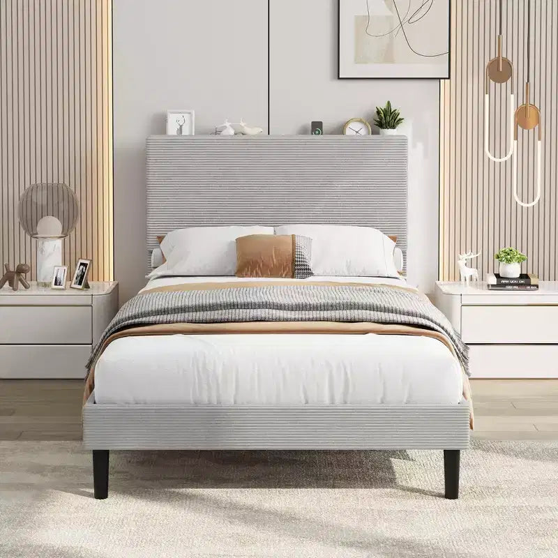 Twin Size Bed Frame with USB Charging Station, Corduroy Upholstered Platform Bed Frame with Adjustable Storage Headboard, Wooden Slats Support