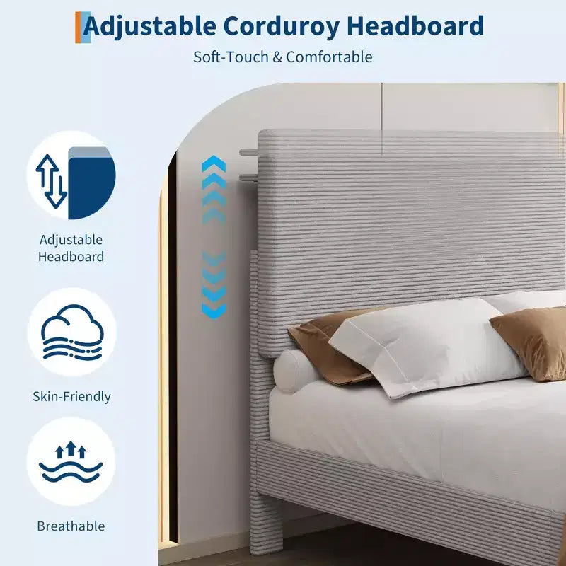 Twin Size Bed Frame with USB Charging Station, Corduroy Upholstered Platform Bed Frame with Adjustable Storage Headboard, Wooden Slats Support
