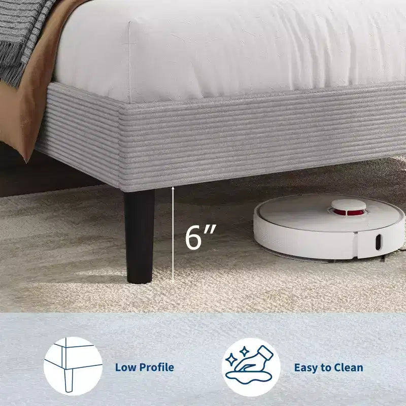 Twin Size Bed Frame with USB Charging Station, Corduroy Upholstered Platform Bed Frame with Adjustable Storage Headboard, Wooden Slats Support