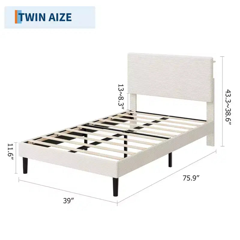 Twin Size Bed Frame with USB Charging Station, Corduroy Upholstered Platform Bed Frame with Adjustable Storage Headboard, Wooden Slats Support
