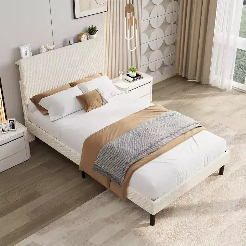 Twin Size Bed Frame with USB Charging Station, Corduroy Upholstered Platform Bed Frame with Adjustable Storage Headboard, Wooden Slats Support