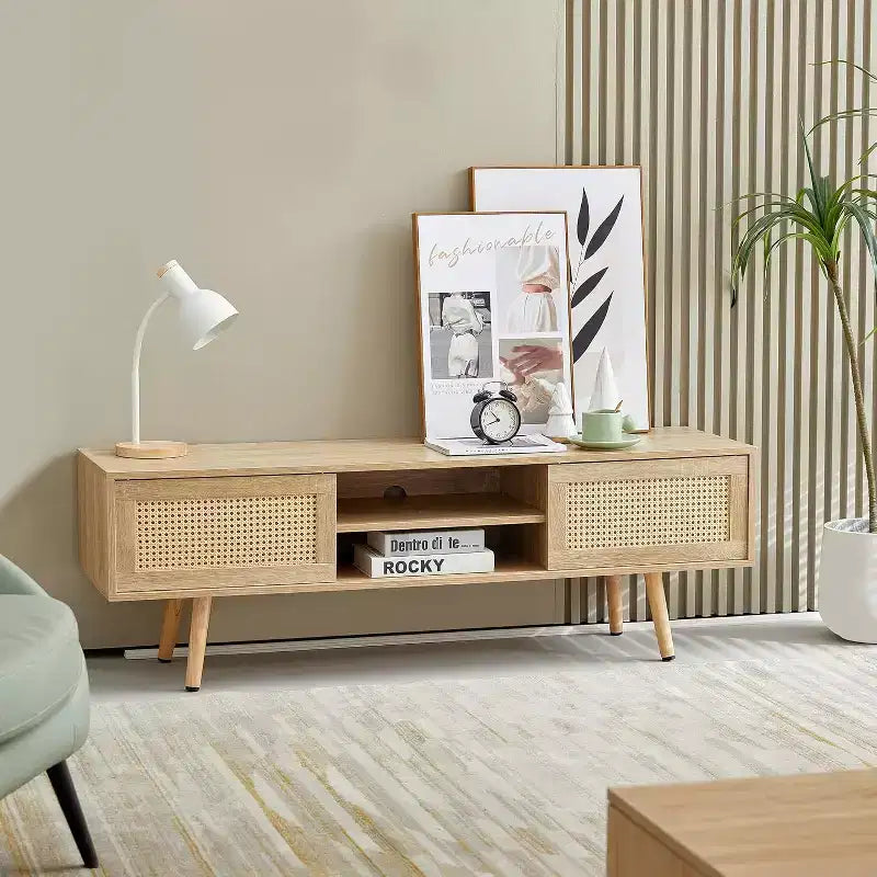 TV Cabinet, Double Sliding Door Storage with Adjustable Shelf, Solid Wood Legs, TV Console for Living Room