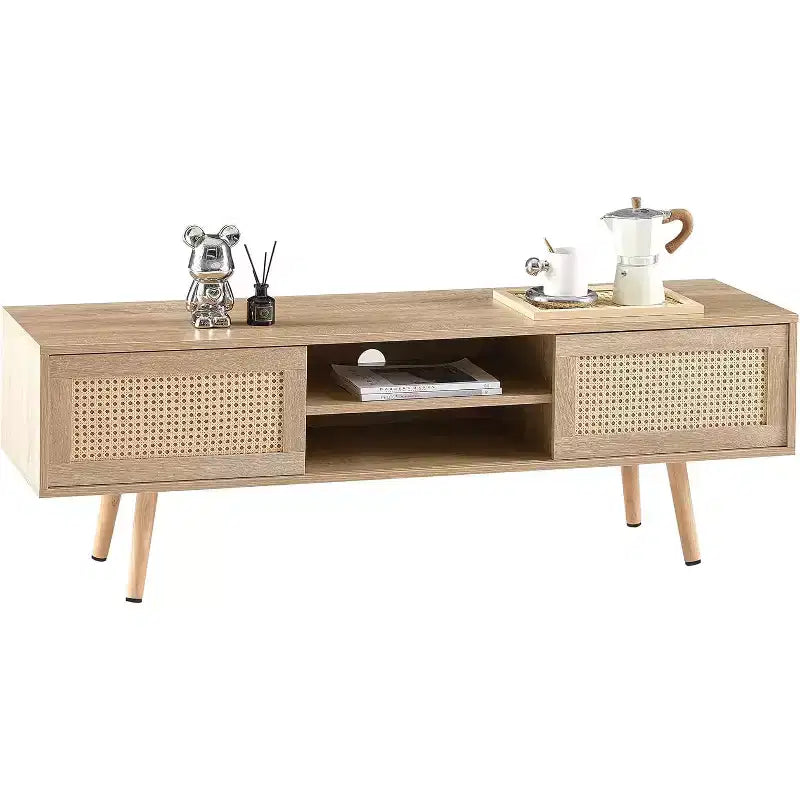 TV Cabinet, Double Sliding Door Storage with Adjustable Shelf, Solid Wood Legs, TV Console for Living Room