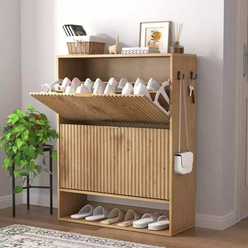Slim Fluted Shoe Cabinet with 2 Flip Drawers & Bottom Shelf, Hidden Storage Organizer for Entryway, Hallway & Closet - Freestanding Shoe Rack