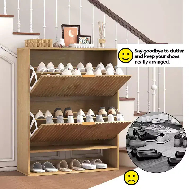 Slim Fluted Shoe Cabinet with 2 Flip Drawers & Bottom Shelf, Hidden Storage Organizer for Entryway, Hallway & Closet - Freestanding Shoe Rack