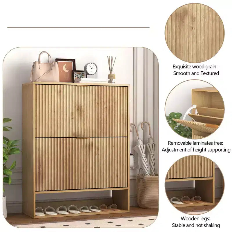 Slim Fluted Shoe Cabinet with 2 Flip Drawers & Bottom Shelf, Hidden Storage Organizer for Entryway, Hallway & Closet - Freestanding Shoe Rack