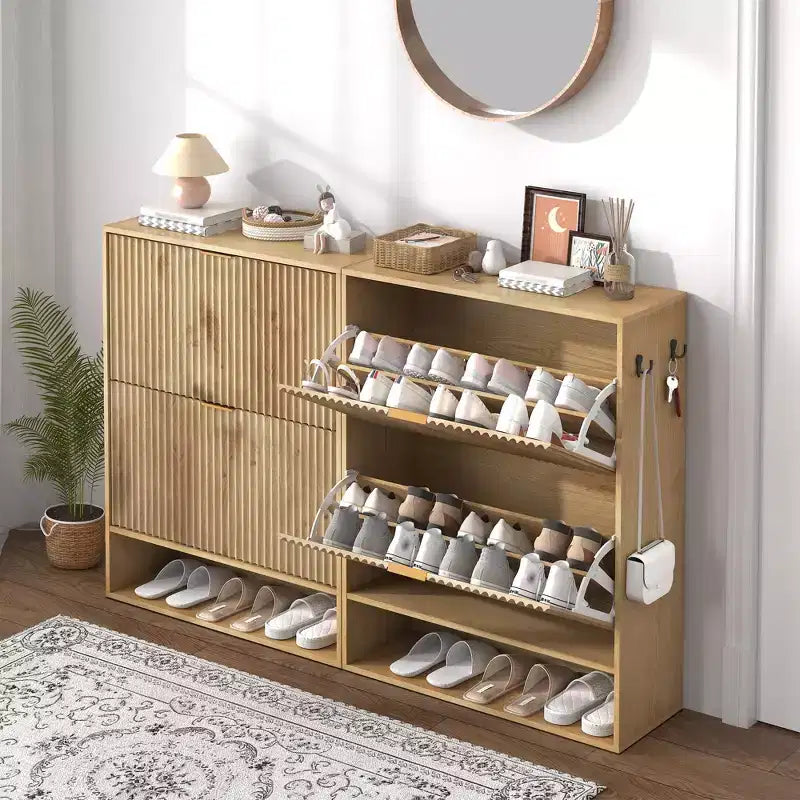 Slim Fluted Shoe Cabinet with 2 Flip Drawers & Bottom Shelf, Hidden Storage Organizer for Entryway, Hallway & Closet - Freestanding Shoe Rack