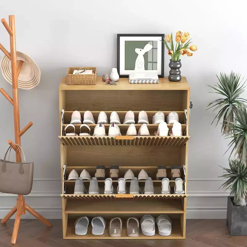 Slim Fluted Shoe Cabinet with 2 Flip Drawers & Bottom Shelf, Hidden Storage Organizer for Entryway, Hallway & Closet - Freestanding Shoe Rack