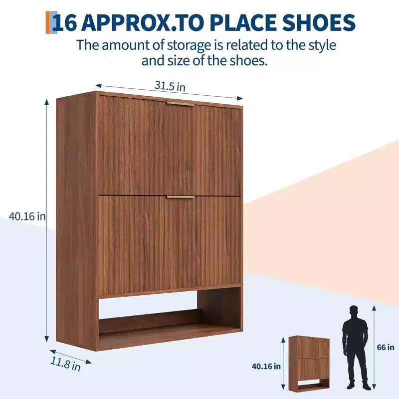 Slim Fluted Shoe Cabinet with 2 Flip Drawers & Bottom Shelf, Hidden Storage Organizer for Entryway, Hallway & Closet - Freestanding Shoe Rack