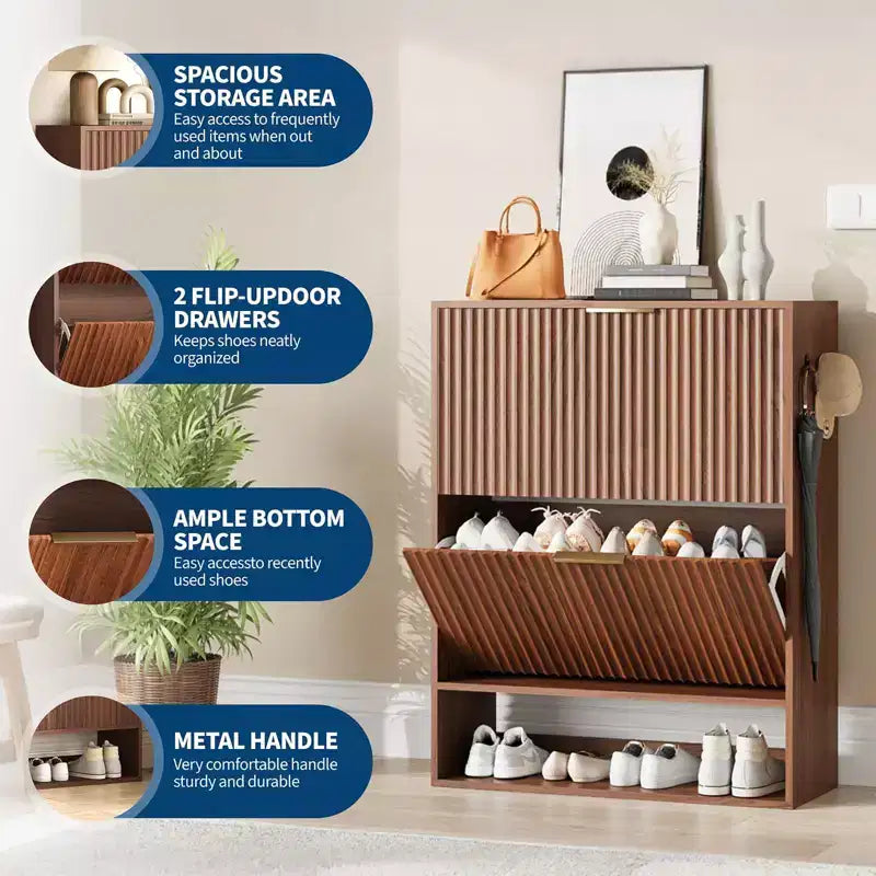 Slim Fluted Shoe Cabinet with 2 Flip Drawers & Bottom Shelf, Hidden Storage Organizer for Entryway, Hallway & Closet - Freestanding Shoe Rack