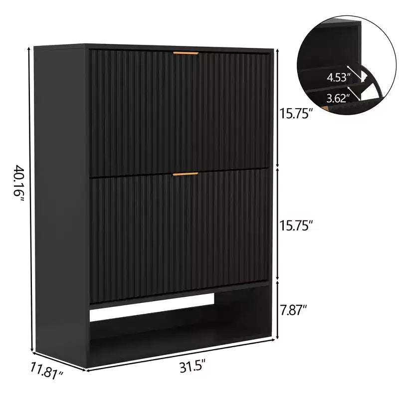 Slim Fluted Shoe Cabinet with 2 Flip Drawers & Bottom Shelf, Hidden Storage Organizer for Entryway, Hallway & Closet - Freestanding Shoe Rack