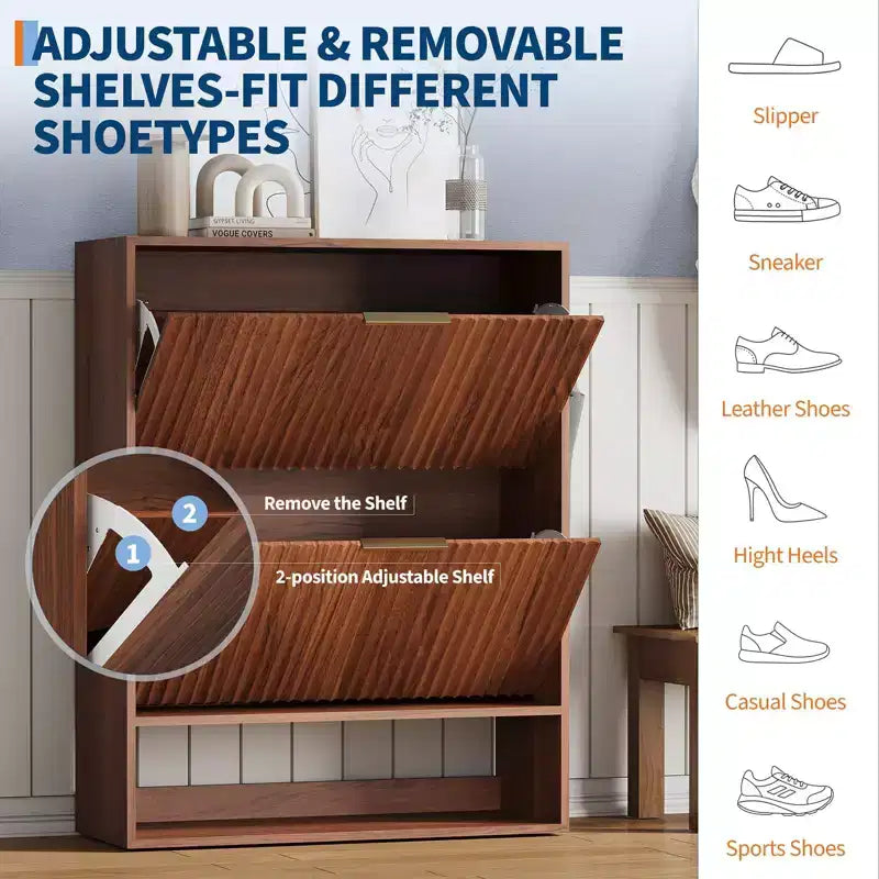 Slim Fluted Shoe Cabinet with 2 Flip Drawers & Bottom Shelf, Hidden Storage Organizer for Entryway, Hallway & Closet - Freestanding Shoe Rack