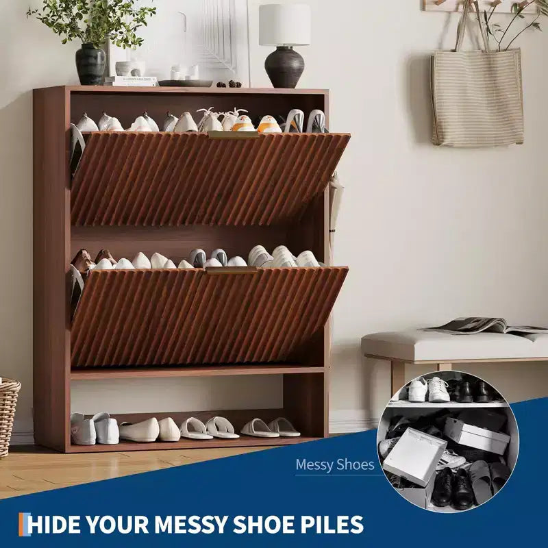 Slim Fluted Shoe Cabinet with 2 Flip Drawers & Bottom Shelf, Hidden Storage Organizer for Entryway, Hallway & Closet - Freestanding Shoe Rack