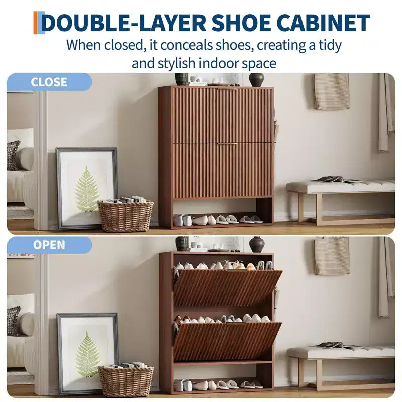 Slim Fluted Shoe Cabinet with 2 Flip Drawers & Bottom Shelf, Hidden Storage Organizer for Entryway, Hallway & Closet - Freestanding Shoe Rack