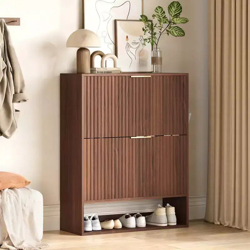 Slim Fluted Shoe Cabinet with 2 Flip Drawers & Bottom Shelf, Hidden Storage Organizer for Entryway, Hallway & Closet - Freestanding Shoe Rack