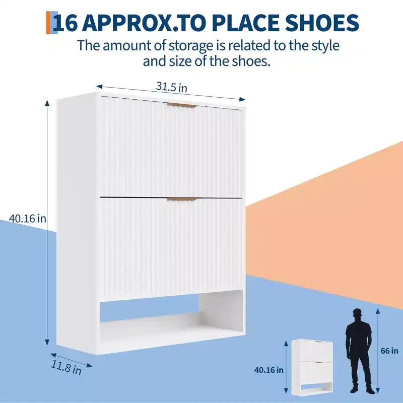 Slim Fluted Shoe Cabinet with 2 Flip Drawers & Bottom Shelf, Hidden Storage Organizer for Entryway, Hallway & Closet - Freestanding Shoe Rack