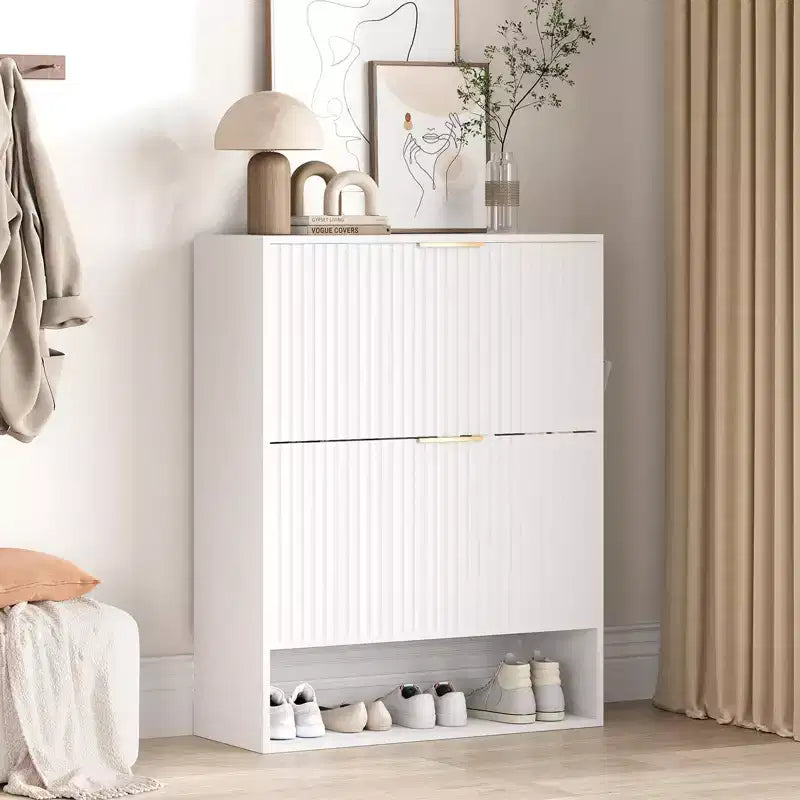 Slim Fluted Shoe Cabinet with 2 Flip Drawers & Bottom Shelf, Hidden Storage Organizer for Entryway, Hallway & Closet - Freestanding Shoe Rack