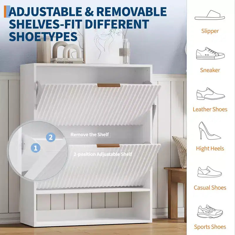 Slim Fluted Shoe Cabinet with 2 Flip Drawers & Bottom Shelf, Hidden Storage Organizer for Entryway, Hallway & Closet - Freestanding Shoe Rack