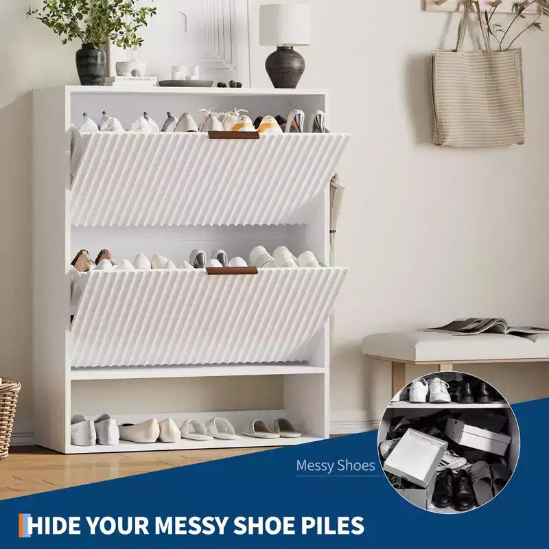 Slim Fluted Shoe Cabinet with 2 Flip Drawers & Bottom Shelf, Hidden Storage Organizer for Entryway, Hallway & Closet - Freestanding Shoe Rack