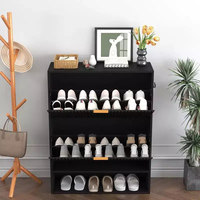 Slim Fluted Shoe Cabinet with 2 Flip Drawers & Bottom Shelf, Hidden Storage Organizer for Entryway, Hallway & Closet - Freestanding Shoe Rack