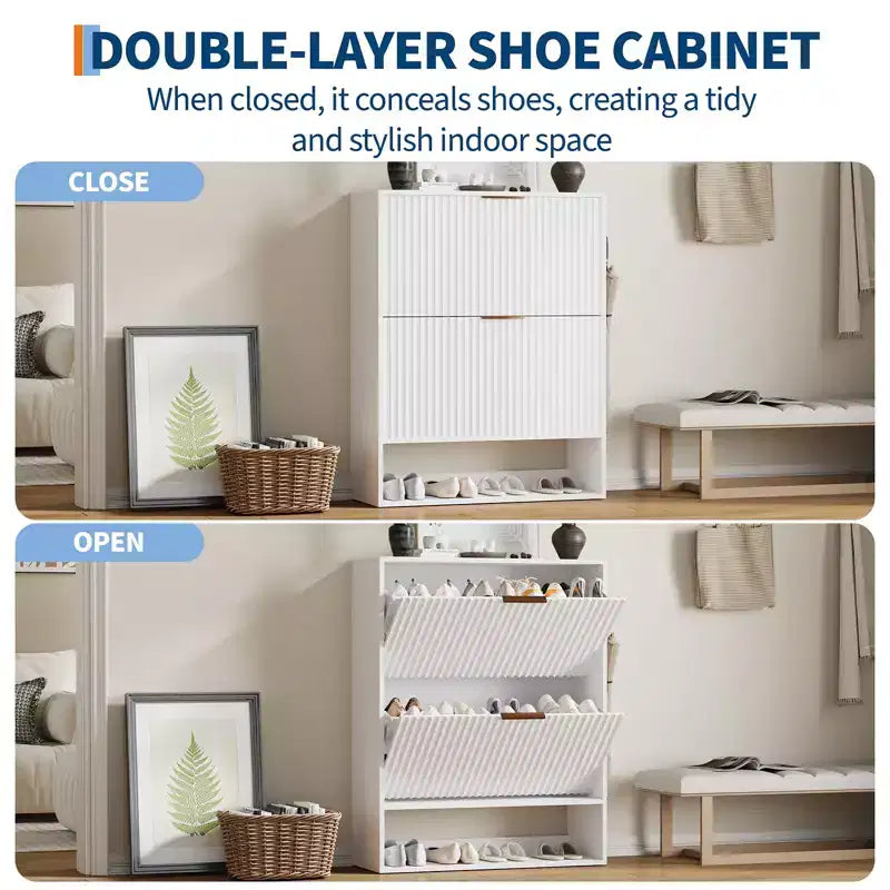 Slim Fluted Shoe Cabinet with 2 Flip Drawers & Bottom Shelf, Hidden Storage Organizer for Entryway, Hallway & Closet - Freestanding Shoe Rack