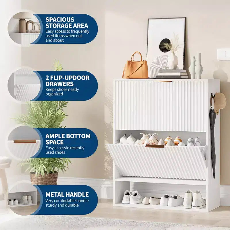 Slim Fluted Shoe Cabinet with 2 Flip Drawers & Bottom Shelf, Hidden Storage Organizer for Entryway, Hallway & Closet - Freestanding Shoe Rack