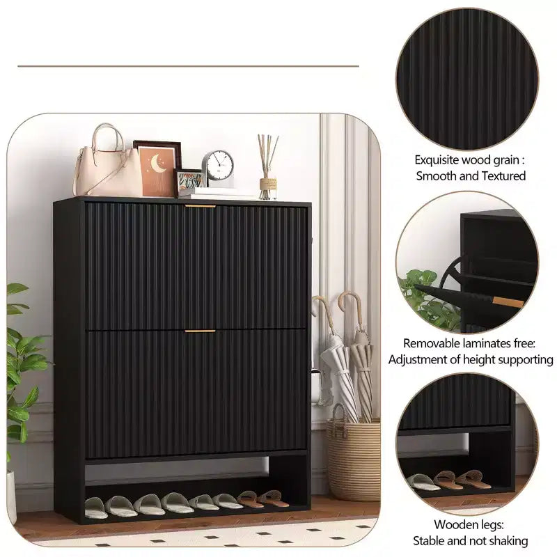 Slim Fluted Shoe Cabinet with 2 Flip Drawers & Bottom Shelf, Hidden Storage Organizer for Entryway, Hallway & Closet - Freestanding Shoe Rack