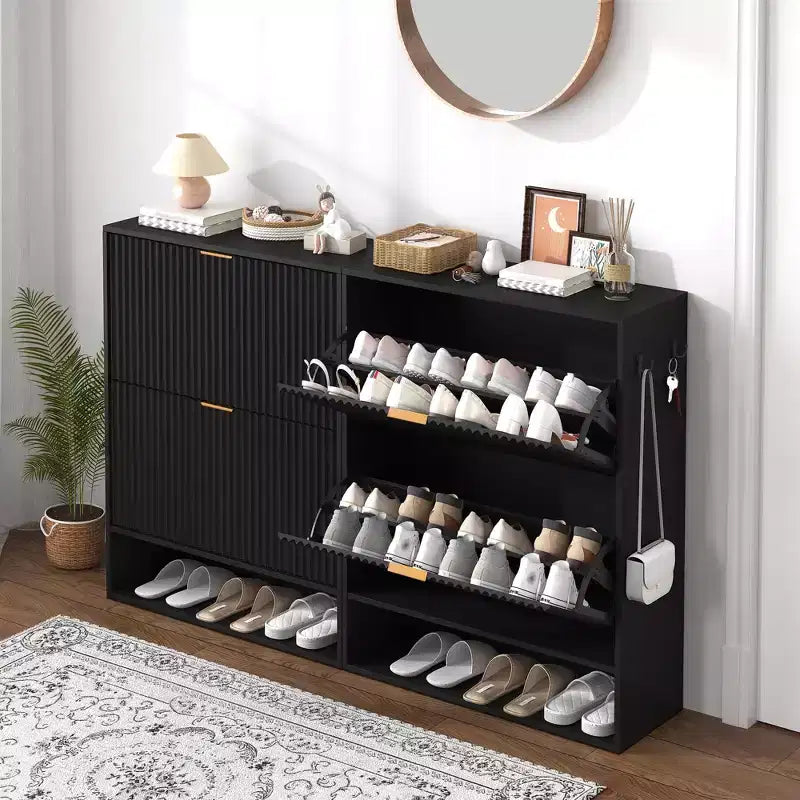 Slim Fluted Shoe Cabinet with 2 Flip Drawers & Bottom Shelf, Hidden Storage Organizer for Entryway, Hallway & Closet - Freestanding Shoe Rack