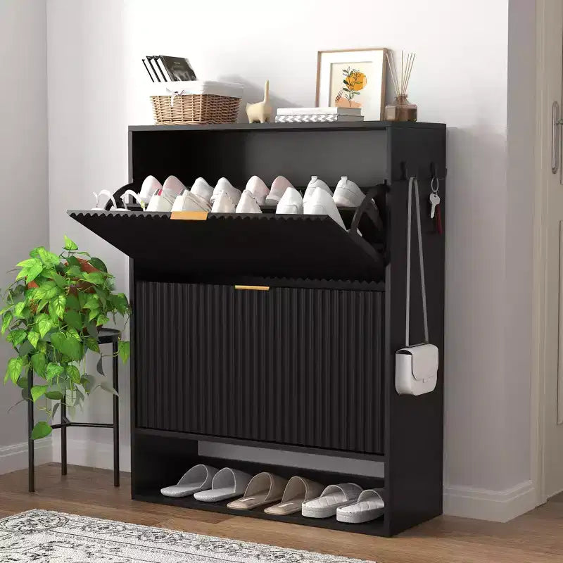Slim Fluted Shoe Cabinet with 2 Flip Drawers & Bottom Shelf, Hidden Storage Organizer for Entryway, Hallway & Closet - Freestanding Shoe Rack