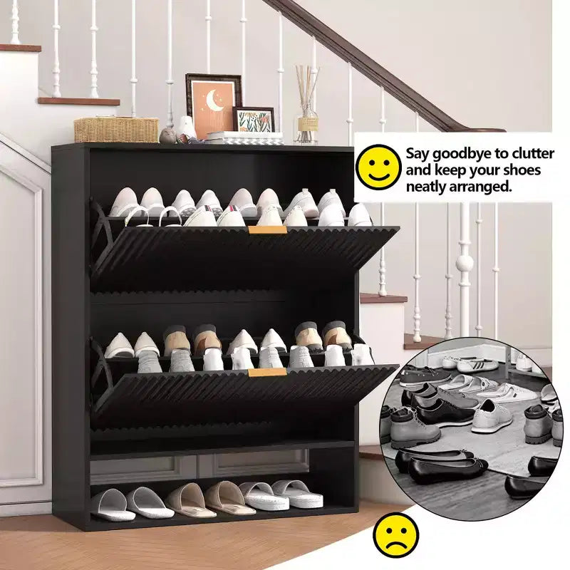 Slim Fluted Shoe Cabinet with 2 Flip Drawers & Bottom Shelf, Hidden Storage Organizer for Entryway, Hallway & Closet - Freestanding Shoe Rack