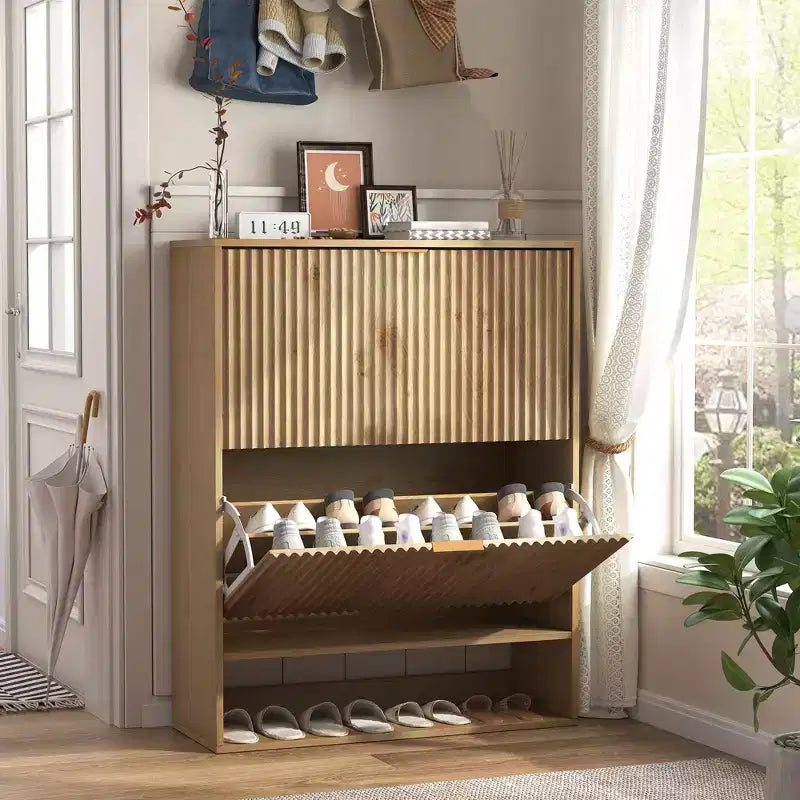 Slim Fluted Shoe Cabinet with 2 Flip Drawers & Bottom Shelf, Hidden Storage Organizer for Entryway, Hallway & Closet - Freestanding Shoe Rack