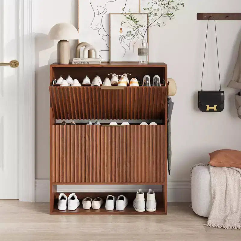 Slim Fluted Shoe Cabinet with 2 Flip Drawers & Bottom Shelf, Hidden Storage Organizer for Entryway, Hallway & Closet - Freestanding Shoe Rack