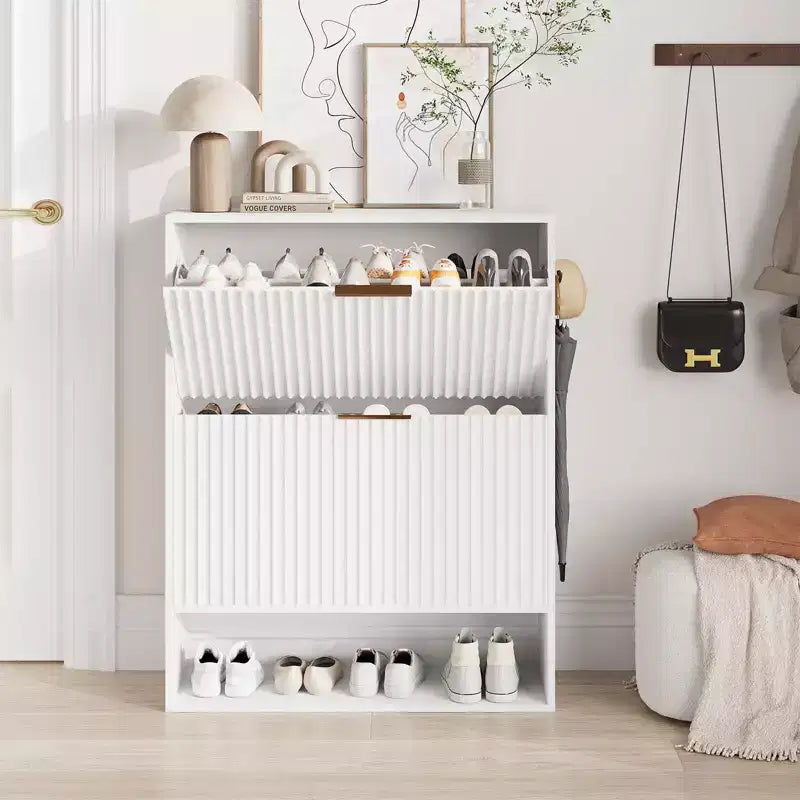 Slim Fluted Shoe Cabinet with 2 Flip Drawers & Bottom Shelf, Hidden Storage Organizer for Entryway, Hallway & Closet - Freestanding Shoe Rack